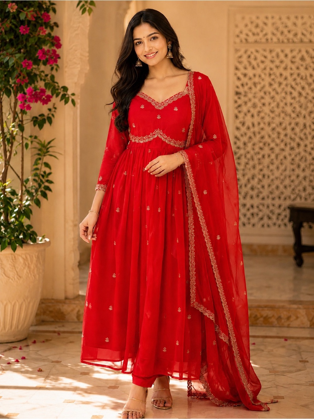 Red Embroidered MaxiAnarkali Salwar Dupatta Bollywood Indian with Gold Detail